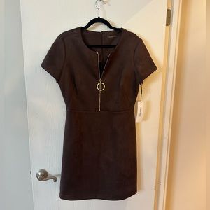 NWT Chocolate Brown Suede Calvin Klein Dress with O ring zipper detail size 12